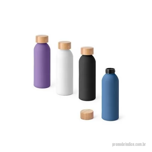 Squeeze metálico personalizado - Squeeze em alumínio com acabamento emborrachado e tampa em bambu. Capacidade até 550 mL. Caixa branca 94656 vendida opcionalmente. Certificação EU Food Grade. Por ser um produto composto por materiais naturais, a cor e tamanho do produto e o resultad