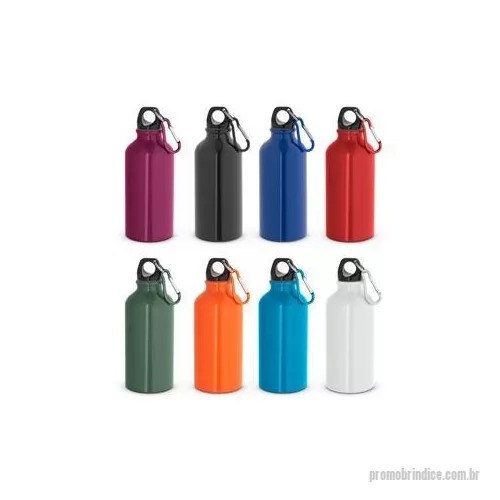 Squeeze metálico personalizado - Squeeze esportiva em alumínio com acabamento brilhante, com mosquetão para facilitar o transporte. Capacidade até 400 ml. Certificação EU Food Grade. ø66 x 176 mm