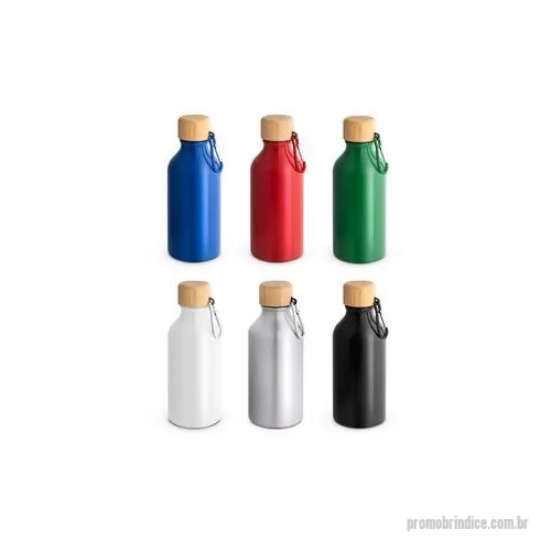 Squeeze metálico personalizado - Squeeze em alumínio 100% reciclado com cor sólida brilhante. A squeeze tem uma tampa em bambu, à prova de água, e mosquetão que facilita o transporte. Capacidade até 400 ml. Certificação EU Food Grade. A cor e o resultado da impressão nos materiais n