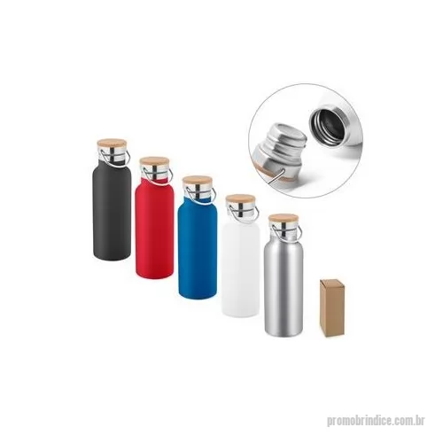 Squeeze metálico personalizado - Squeeze em aço inox com parede dupla isolada a vácuo, tampa em bambu e alça de transporte em aço inox. Capacidade até 570 ml. Food grade. Fornecido em caixa presente de papel kraft. ø70 x 220 mm