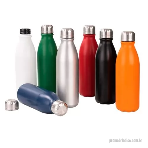 Squeeze metálico personalizado - Descrição: Garrafa em alumínio com acabamento em verniz fosco, revestimento plástico no bocal e capacidade para até 750ml. Possui tampa rosqueável em alumínio com interior em plástico.  Altura :  25,1 cm  Largura :  7,3 cm  Circunferência :  23,1 cm  Diametro :  (bocal) 3,5 cm  Medidas aproximadas para gravação (CxL):  15 cm x 6 cm  Peso aproximado (g):  108