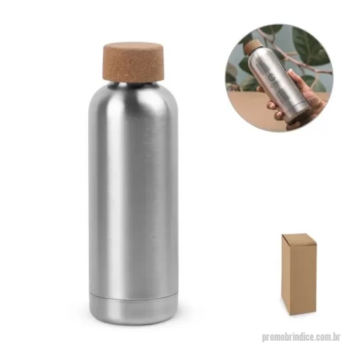 Squeeze metálico personalizado - 	Squeeze em aço inox de parede simples, com tampa em cortiça. Capacidade até 760 mL. Fornecido em caixa presente de papel kraft reciclado. Certificação EU Food Grade. A cor e o resultado da impressão nos materiais naturais pode variar entre produtos. ø70 x 227 mm