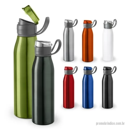 Squeeze metálico personalizado - Squeeze em alumínio e tampa flip flop em AS e PP, com alça em silicone para facilitar o transporte. Capacidade até 650 mL. Caixa branca 94657 vendida opcionalmente. Certificação EU Food Grade. ø66 x 250 mm