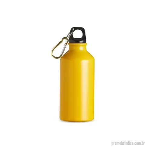 Squeeze metálico personalizado - Squeeze em alumínio, capacidade máxima 420ml. Acabamento brilhante, tampa rosqueável em plástico com alça fixa. Acompanha mosquetão.