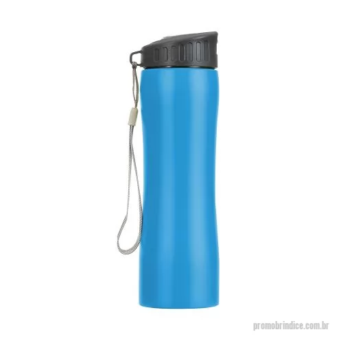 Squeeze metálico personalizado - Squeeze em aço inox 600ml com tampa rosqueável plástica e bico transparente de acionamento manual. Acompanha alça de nylon para transporte.