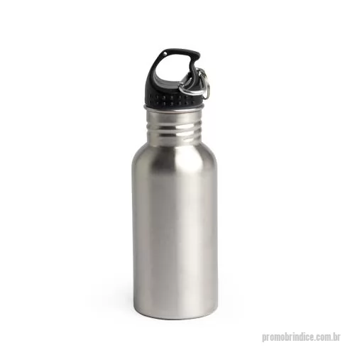 Squeeze metálico personalizado - Squeeze inox com capacidade para 540ml. Possui tampa rosqueável com alça e acompanhada de um mosquetão.