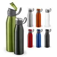 Squeeze em alumínio e tampa flip flop em AS e PP, com alça em silicone para facilitar o transporte. Capacidade até 650 mL. Caixa branca 94657 vendida opcionalmente. Certificação EU Food Grade. ø66 x 250 mm