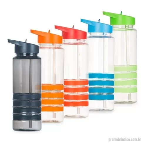 Squeeze personalizado - Squeeze plástico 750ml com bico de canudo. Squeeze transparente com 4 linhas inferiores emborrachadas coloridas; tampa rosqueável colorida com uma espécie de alça; bico com canudo inteiro, possui suporte plástico para levantar/abaixar no bico.