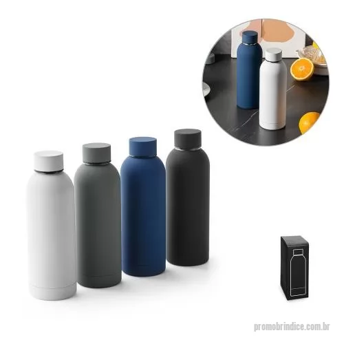 Squeeze personalizado - Squeeze em aço inox com acabamento em borracha, parede dupla isolada a vácuo e capacidade até 550 ml. Fornecida em caixa de oferta. 