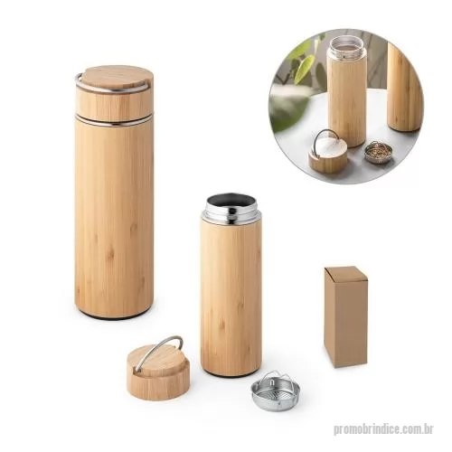 Squeeze personalizado - Squeeze em bambu e aço inox, com parede dupla isolada a vácuo e infusor para chá (térmico). Capacidade até 440 mL. Preserva as bebidas quentes por 8 horas e as bebidas frias por 24 horas. Certificação EU Food Grade. Fornecido em caixa presente de papel kraft. ø70 x 215 mm