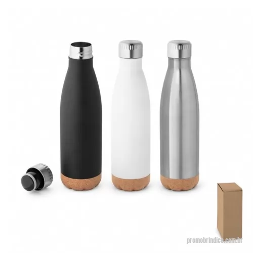 Squeeze personalizado - Garrafa térmica/ Squeeze em aço inox e base em cortiça com parede dupla com isolamento a vácuo. Mantém as bebidas quentes por 8h e frias por 24h. Tem capacidade até 560 ml. Food grade. Fornecido em caixa. ø66 x 258 mm