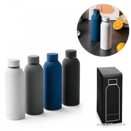 Squeeze personalizado - Squeeze em aço inox com acabamento em borracha, parede dupla isolada a vácuo e capacidade até 550 ml. Food grade. Fornecida em caixa de oferta