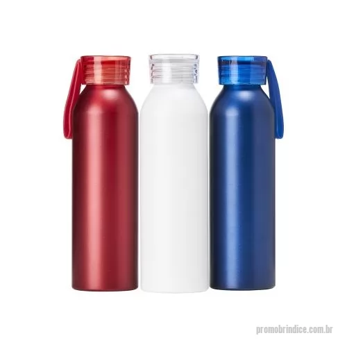 Squeeze personalizado - Detalhes:  Garrafa para bebidas. Feita em Alumínio. Parede simples. 650ml de capacidade. Tampa em PP e alça em silicone.