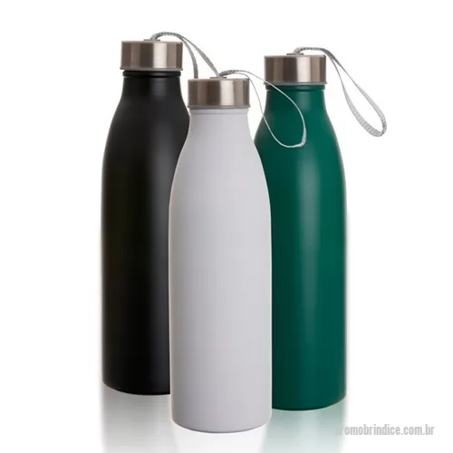 Squeeze personalizado - Garrafa de inox personalizada com 750 ml, disponível em três opções de cores, ela possui tampa com detalhes em aço inox e alça de nylon. Brinde com ótimo acabamento e boa área para a impressão da logomarca de empresas