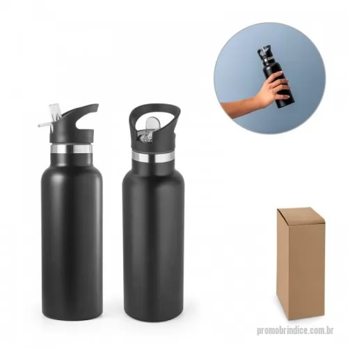 Squeeze personalizado - Garrafa em aço inox com parede dupla isolada a vácuo e tampa com boquilha de palhinha em PP. Capacidade até 570ml (térmico). Certificação EU Food Grade. Fornecido em caixa presente de papel kraft.