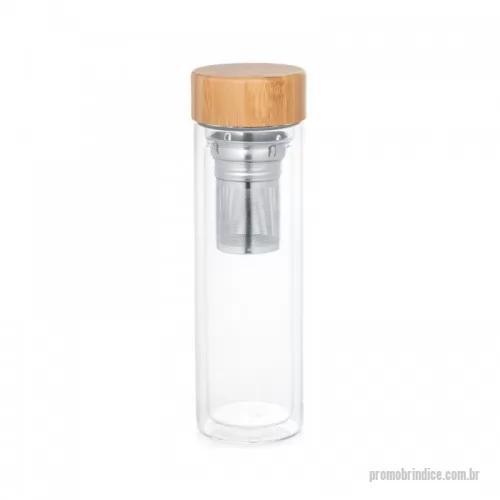 Squeeze personalizado - Squeeze térmica em vidro de borossilicato com parede dupla e tampa em bambu. Incluso 2 infusores em aço inox. Capacidade até 490 mL. Apto para ir a máquina de lavar, removendo a tampa. Preserva as bebidas quentes por 2 horas e as bebidas frias por 4 horas.