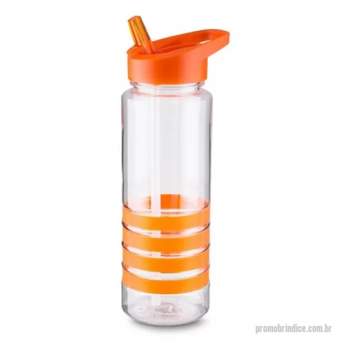 Squeeze personalizado - Squeeze plástico 750ml com bico de canudo. Squeeze transparente com 4 linhas inferiores emborrachadas coloridas; tampa rosqueável colorida com uma espécie de alça; bico com canudo interno, possui suporte plástico para levantar/abaixar no bico.