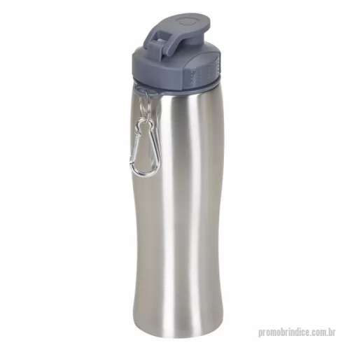 Squeeze personalizado - Squeeze inox 750ml com tampa plástica rosqueável e abertura superior, acompanha mosquetão. Tem a parte inferior emborrachada.