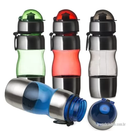 Squeeze personalizado - Squeeze de alumínio 450ml com alça plástica e detalhes coloridos. Possui tampa de bico e tampa protetora de plástico resistente.  Medidas aproximadas para gravação (CxL):  4 cm x 6 cm  Tamanho total aproximado  (CxL):  20,4 cm x 6,9 cm x 22 cm  Peso aproximado (g):  125