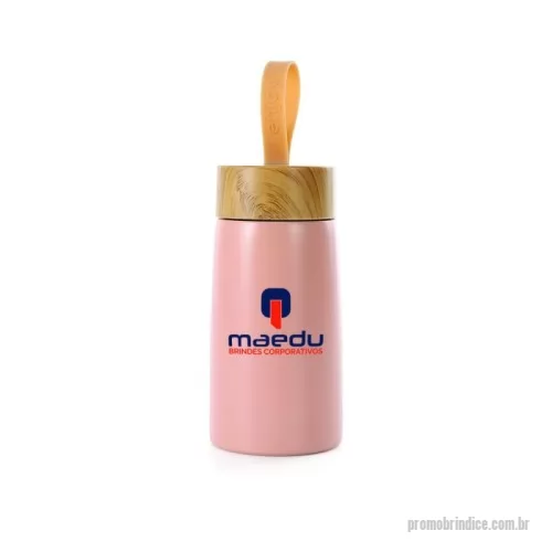 Squeeze personalizado - Garrafa inox 304 com parede dupla, capacidade de 250 ml. Contém tampa plástica com design de bambu e alça de silicone para transporte
