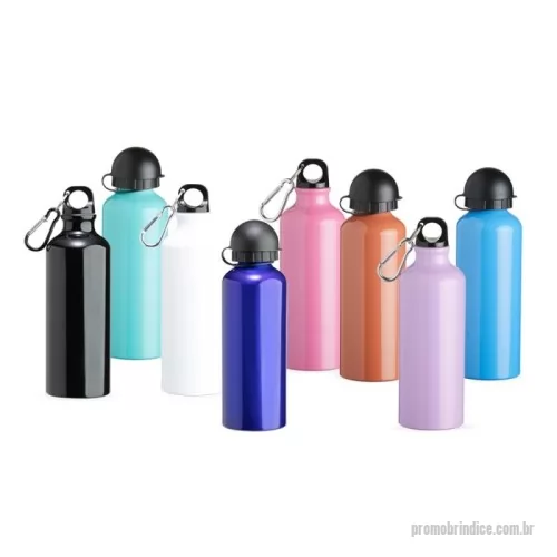 Squeeze personalizado - Squeeze 500ml de alumínio com pintura metalizada, tampa rosqueável e acompanha um segundo bico com mosquetão (não é térmico).
