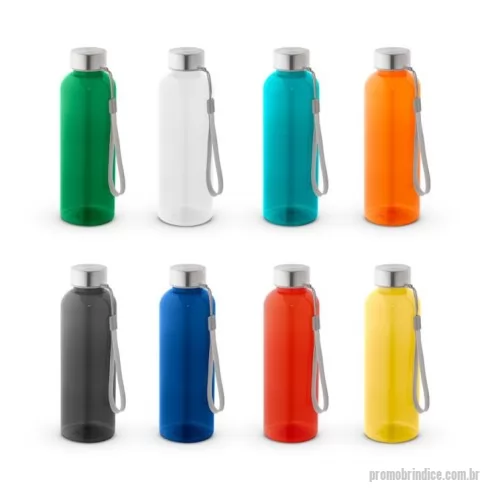 Squeeze personalizado - Squeeze em rPET 100% reciclado e tampa em aço inox, com pega em corda para facilitar o transporte. Capacidade até 580 mL. Caixa branca 94656 vendida opcionalmente. Certificação EU Food Grade.