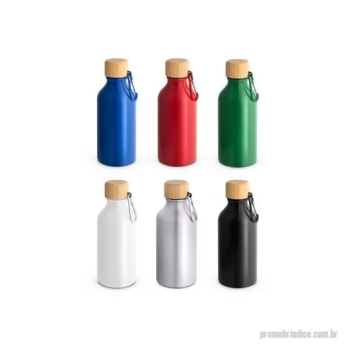 Squeeze personalizado - Squeeze em alumínio 100% reciclado com cor sólida brilhante. A squeeze tem uma tampa em bambu, à prova de água, e mosquetão que facilita o transporte. Capacidade até 400 ml.