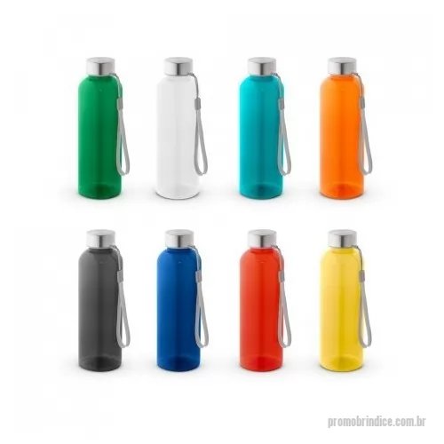 Squeeze personalizado - Squeeze em rPET 100% reciclado e tampa em aço inox, com pega em corda para facilitar o transporte. Capacidade até 580 mL. Caixa branca 94656 vendida opcionalmente. Certificação EU Food Grade.