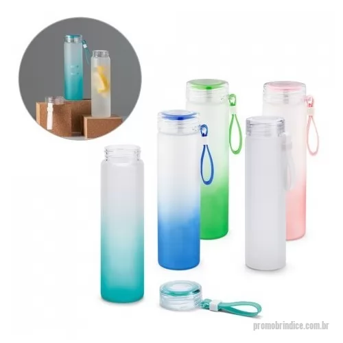 Squeeze personalizado - Squeeze em vidro borossilicato e tampa em AS, com alça em silicone para fácil transporte. Capacidade até 470 mL. Fornecido em caixa presente. Certificação EU Food Grade.