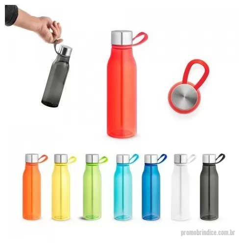 Squeeze personalizado - Squeeze em rPET 100% reciclado com alça de silicone para facilitar o transporte. Tampa em PP e aço inox com isolante em silicone. Capacidade até 590 mL. Caixa branca 94651 vendida opcionalmente. Certificação EU Food Grade.
