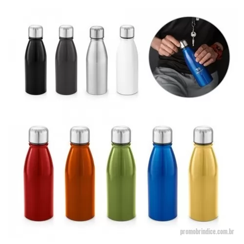 Squeeze personalizado - Squeeze em alumínio com tampa em aço inox. Capacidade até 500 mL. Caixa branca 94656 vendida opcionalmente. Certificação EU Food Grade. 