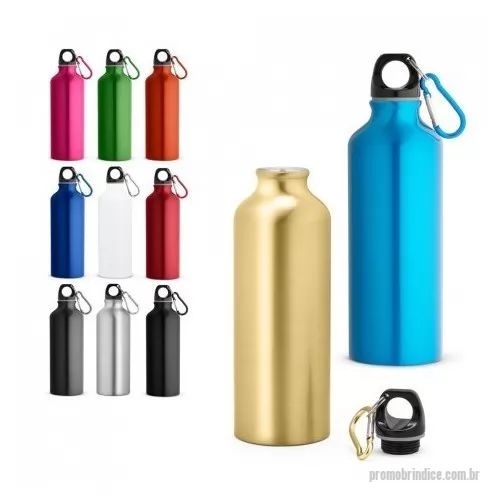 Squeeze personalizado - Squeeze em alumínio com mosquetão para fácil transporte. Capacidade até 530 mL. Caixa branca 94656 vendida opcionalmente. Certificação EU Food Grade.