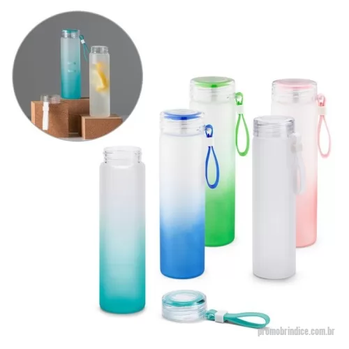 Squeeze personalizado - Squeeze em vidro borossilicato e tampa em AS, com alça em silicone para fácil transporte. Capacidade até 470 mL. Fornecido em caixa presente. Certificação EU Food Grade. ø60 x 210 mm