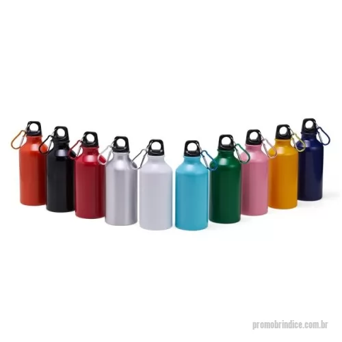 Squeeze personalizado - Squeeze em alumínio com capacidade máxima de 420ml. Possui acabamento brilhante e tampa rosqueável em plástico com alça fixa. Acompanha mosquetão metálico com argola para chaveiro.