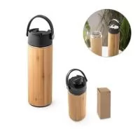 Squeeze em bambu e aço inox com corpo duplo, isolamento a vácuo e tampa em PP. Capacidade até 440 ml. Fornecido em caixa presente de papel craft. 