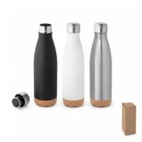 Garrafa térmica/ Squeeze em aço inox e base em cortiça com parede dupla com isolamento a vácuo. Mantém as bebidas quentes por 8h e frias por 24h. Tem capacidade até 560 ml. Food grade. Fornecido em caixa. ø66 x 258 mm