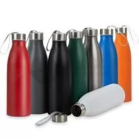 Garrafa de inox 750ml com tampa rosqueável e alça de nylon embutida.