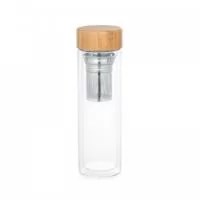 Squeeze térmica em vidro de borossilicato com parede dupla e tampa em bambu. Incluso 2 infusores em aço inox. Capacidade até 490 mL. Apto para ir a máquina de lavar, removendo a tampa. Preserva as bebidas quentes por 2 horas e as bebidas frias por 4 horas.