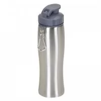 Squeeze inox 750ml com tampa plástica rosqueável e abertura superior, acompanha mosquetão. Tem a parte inferior emborrachada.