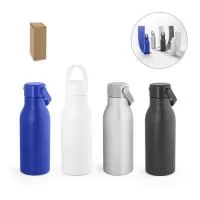 Squeeze em alumínio 100% reciclado com parede simples e acabamento mate. Tampa em PP com pega de silicone para fácil transporte. Capacidade até 700 mL. Fornecido em caixa presente de papel kraft reciclado. Certificação EU Food Grade. ø73 x 213 mm