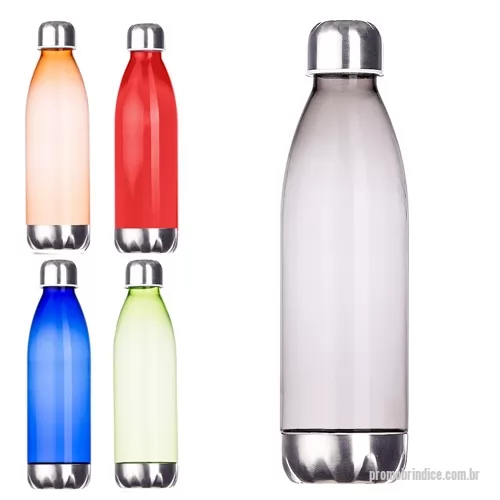 Squeeze plástico personalizado - Squeeze plástico 700ml formato garrafa. Corpo transparente colorido, possui tampa e base em alumínio. Altura 25,5cm