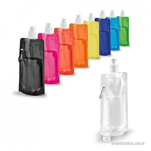 Squeeze plástico personalizado - Squeze dobrável em PE com bico de sistema  push-pull  e acabamento translúcido. Contém uma tampa transparente e um mosquetão. Capacidade até 460 ml.