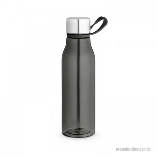 Squeeze plástico personalizado - Squeeze produzido a partir de plástico reciclado, rPET. Com alça de silicone para facilitar o transporte. Tampa em PP e aço inox com isolante em silicone. Capacidade até 590 mL.