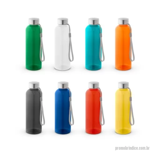 Squeeze plástico personalizado - Squeeze em rPET 100% reciclado e tampa em aço inox, com pega em corda para facilitar o transporte. Capacidade até 580 mL. 