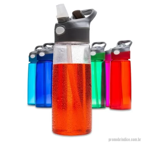Squeeze plástico personalizado -  Squeeze 650ml plástico com acionador para abertura. Material plástico transparente, possui tampa rosqueável com alça e botão acionador com proteção plástica para o bico.