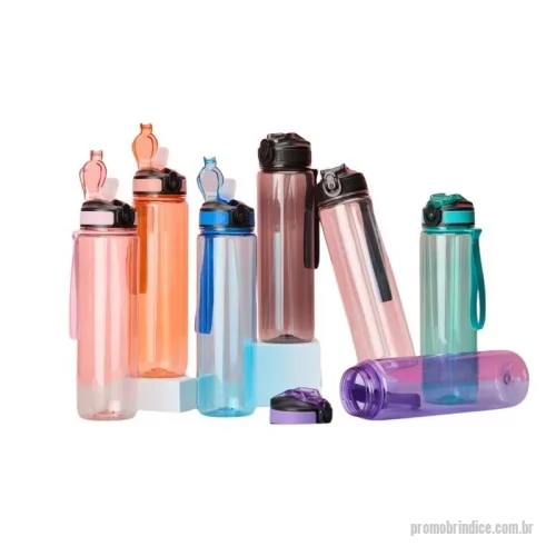 Squeeze plástico personalizado - Squeeze plástico com capacidade de 1 litro, livre de BPA. Possui tampa rosqueável com bico de canudo, tampa protetora, botão de acionamento e trava de segurança. Acompanha cordão de nylon e canudo.