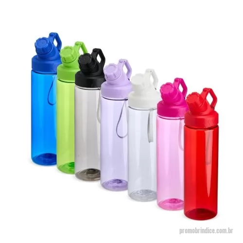 Squeeze plástico personalizado - Squeeze de plástico com capacidade máxima de até 750ml. Com tampa rosqueável e articulada, o squeeze acompanha uma alça de nylon para facilitar o transporte, tornando-a uma peça prática e indispensável para uma hidratação regular para o dia a dia.