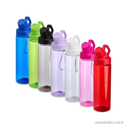 Squeeze plástico personalizado - Descrição: Squeeze de plástico com capacidade máxima de até 750ml. Com tampa rosqueável e articulada, o squeeze acompanha uma alça de nylon para facilitar o transporte, tornando-a uma peça prática e indispensável para uma hidratação regular para o dia a dia.