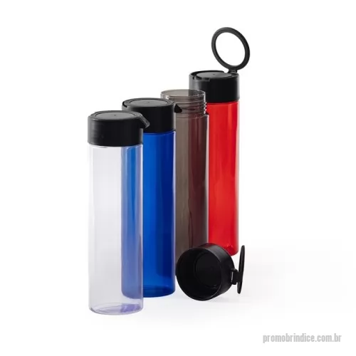 Squeeze plástico personalizado - Squeeze plástica em formato cilíndrico com capacidade para até 700ml. Possui tampa rosqueável com alça circular para transporte.