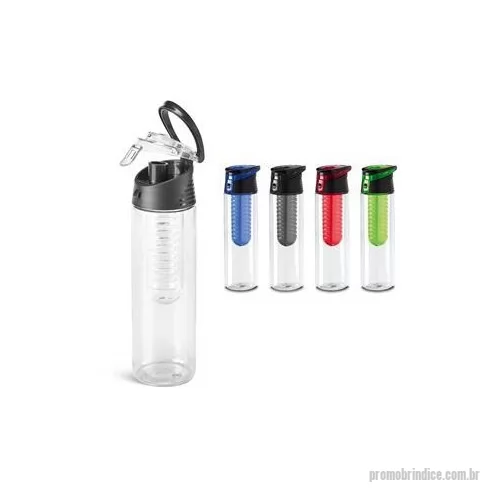 Squeeze plástico personalizado - Squeeze em AS e com tampa flip top em PP com infusor de frutas e capacidade até 740 mL.